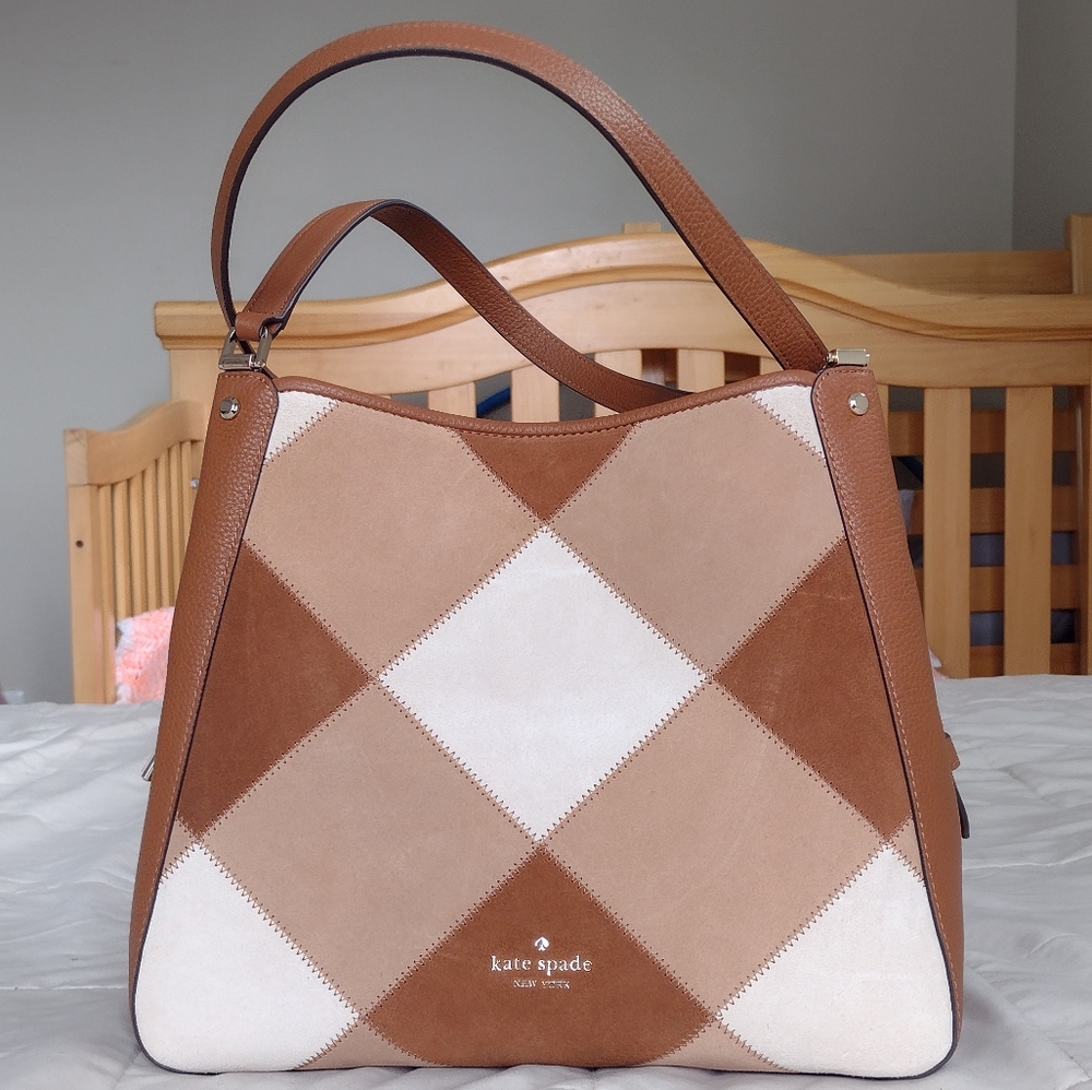 Kate Spade New York Leila North South Crossbody in Patchwork Suede warm ginger